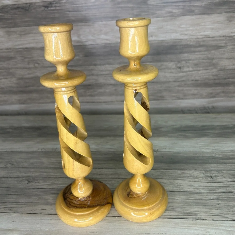Bethlehem Candle Stick Holders Hand Carved Olive Wood‎ Spiral Pair 2 Set Israel